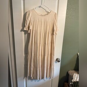 Three Bird Nest Cream Midi Dress with Ruffle Sleeves